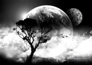 黒と白 Painting - 黒と白の雲月の木